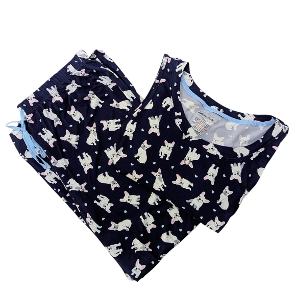 Pillow Talk Frenchies Hearts Print PJ Set Tank Top Crop Pants Navy White L NWT - Picture 1 of 11